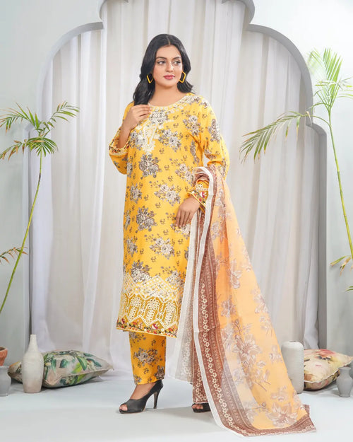 Sunset Bloom 3 Piece Stitched Printed Suit