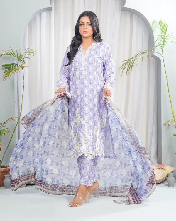 Lavender Grace 3 Piece Printed Stitched Suit